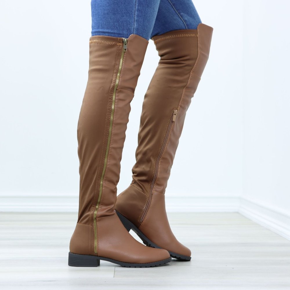 Tan Thigh High Over The Knee Faux Leather & Stretchy Material Low Heel Boot_4